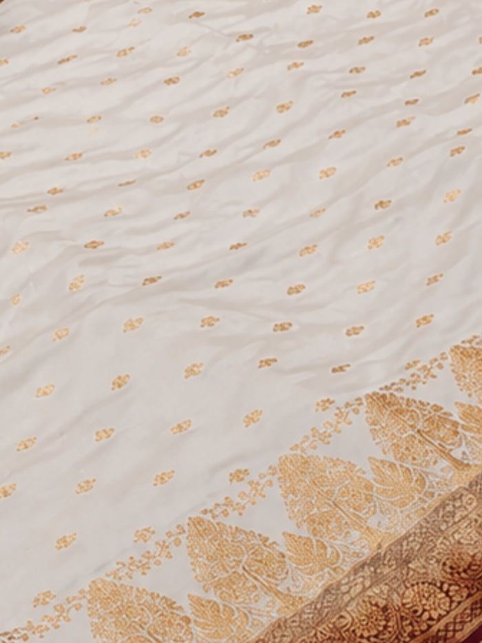 Indiehaat | Ivory White Mashru Silk Brocade Saree