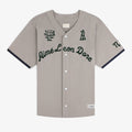 Mulberry Chainstitch Baseball Jersey in gray with dark green Aimé Leon Dore text and front embroidery details.
