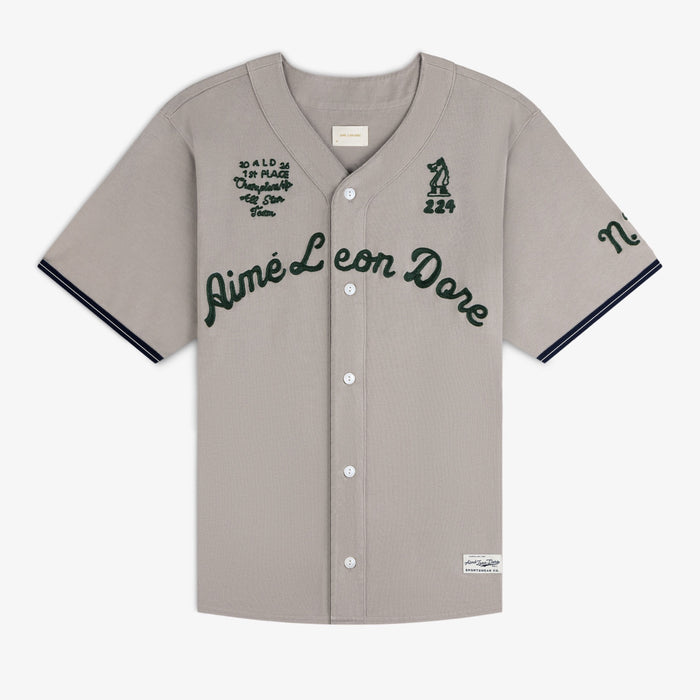 Mulberry Chainstitch Baseball Jersey in gray with dark green Aimé Leon Dore text and front embroidery details.