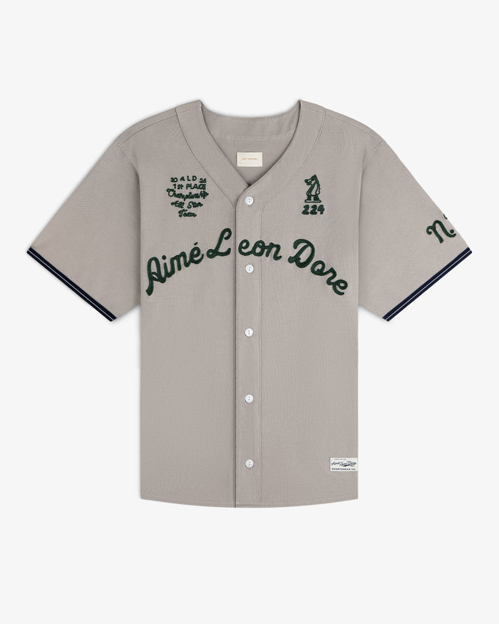 Mulberry Chainstitch Baseball Jersey: Gray with green script and black logo accents on chest and sleeves.