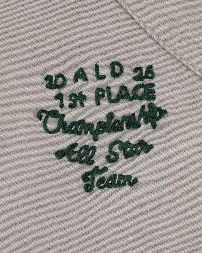 Green embroidery on beige Mulberry Chainstitch Baseball Jersey reads: 20ALD26 1st PLACE Championship All Star Team.