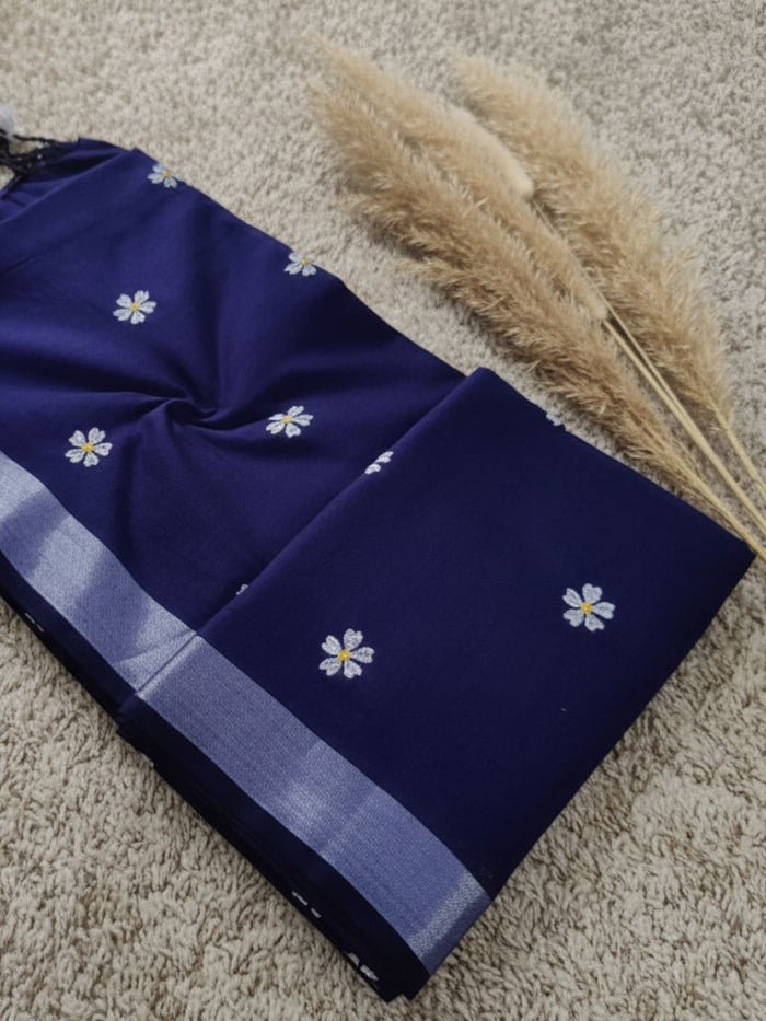 Indiehaat | Pure Khadi Cotton Embroidery Saree Blue