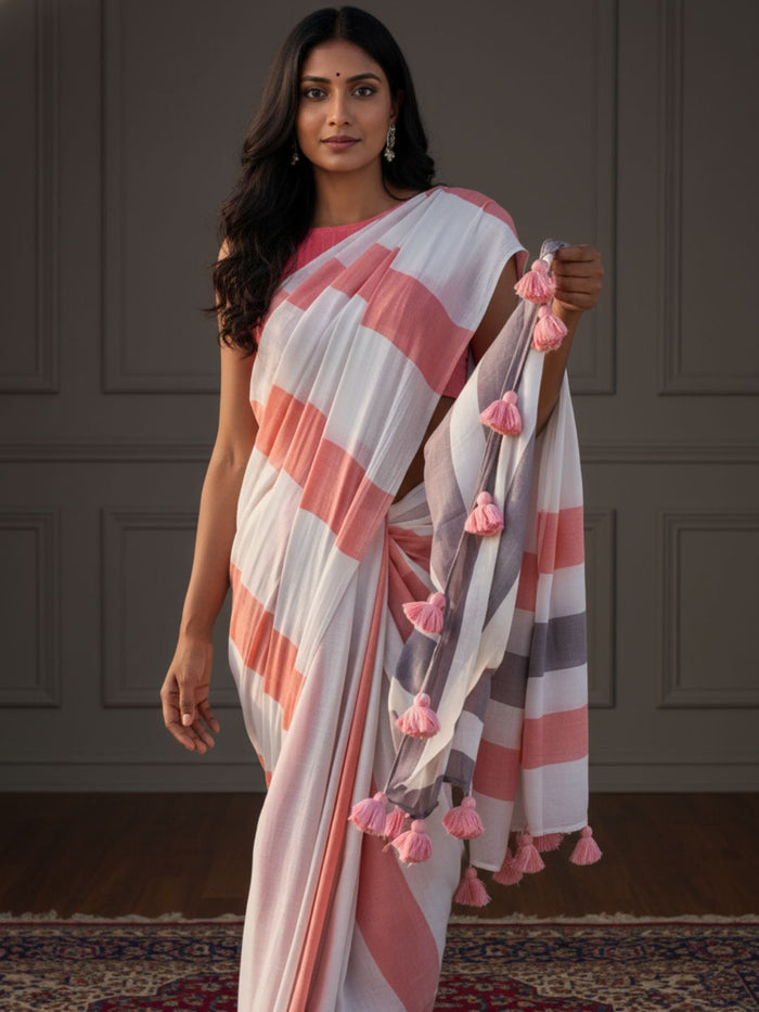 Indiehaat | Pure Khadi Cotton Handloom Saree Peach & White