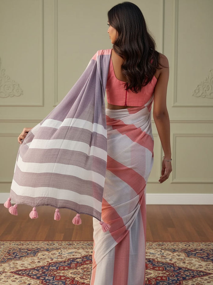 Indiehaat | Pure Khadi Cotton Handloom Saree Peach & White