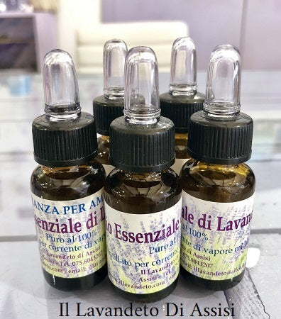 Olio essenziale di lavanda. Olio Puro di lavanda di Assisi. L'olio di lavanda essenziale è ottenuto per distillazione a corrente di vapore. L'olio di lavanda ha molteplici proprietà benefiche. La confezione comprende  bottigliette di lavanda e due sacchetti con lavanda. Olio essenziale lavanda offerta. Olio essenziale lavanda prezzo, olio essenziale di lavanda offerta, offerta olio essenziale di lavanda. sconto su olio essenziale di lavanda