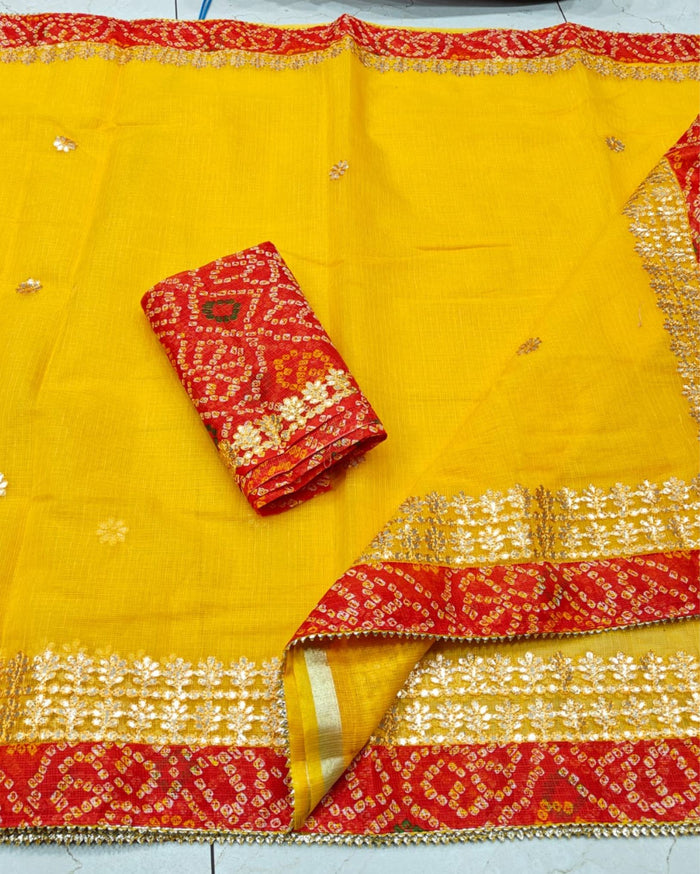 Indiehaat | Kota Cotton Gota Patti Yellow Saree