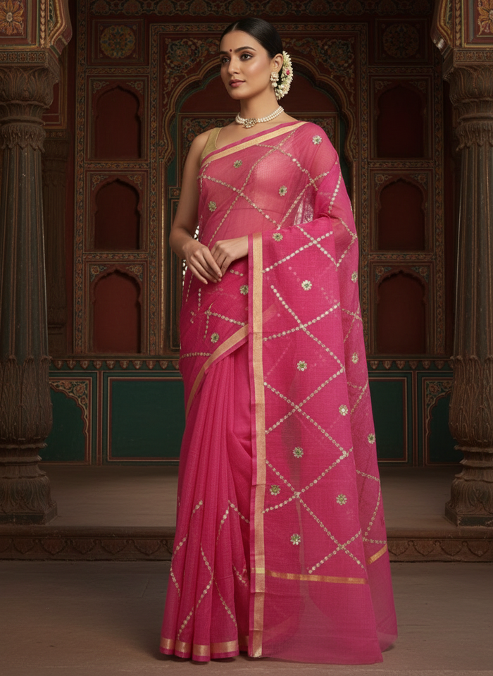 Pankhudi Gota Patti Rani Pink Kota Cotton Saree