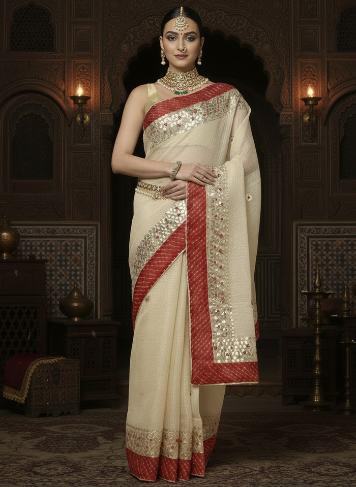 Pankhudi Jugnu Checks Gota Patti Off White Saree
