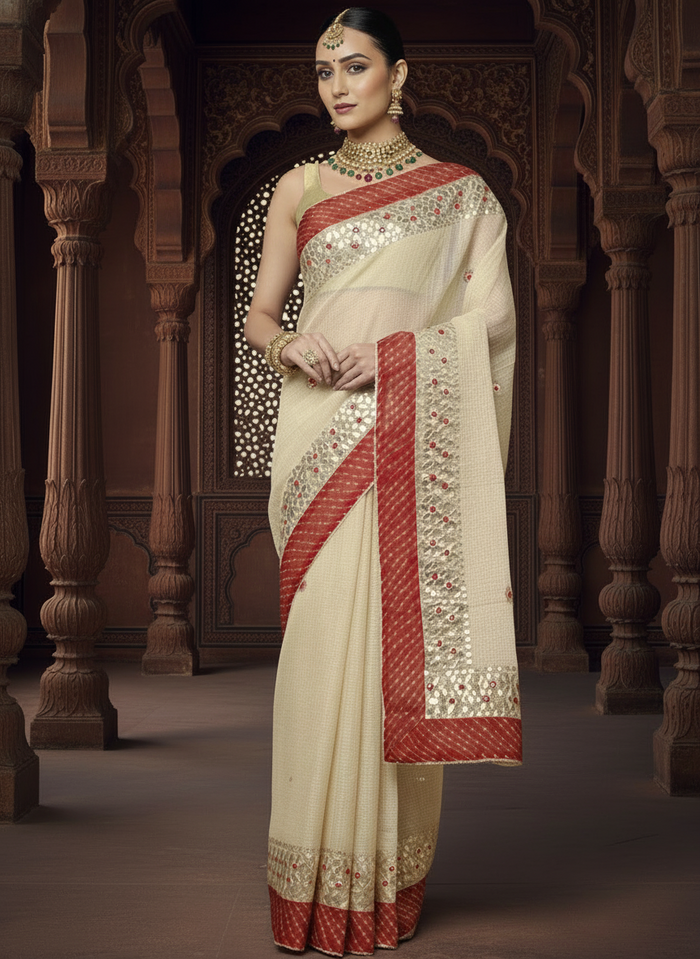 Pankhudi Jugnu Checks Gota Patti Off White Saree