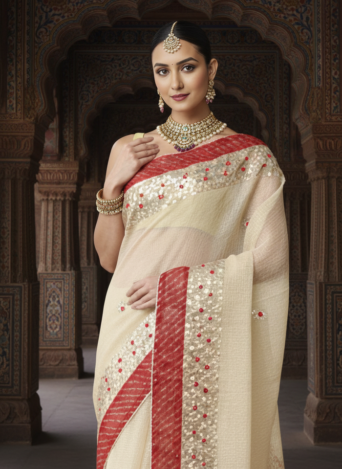 Pankhudi Jugnu Checks Gota Patti Off White Saree