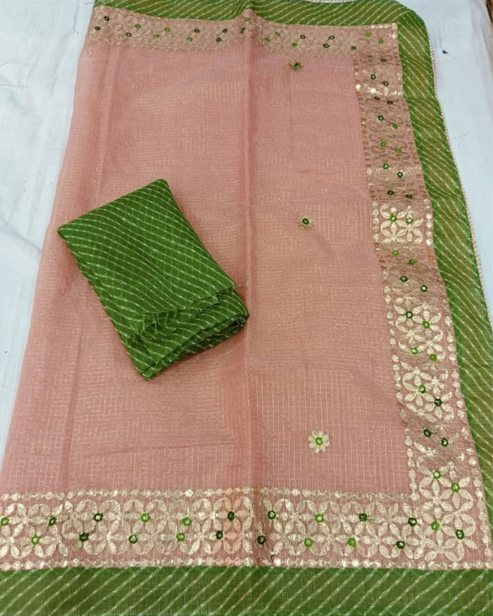 Indiehaat | Kota Cotton Jugnu Checks Gota Patti Peach Saree