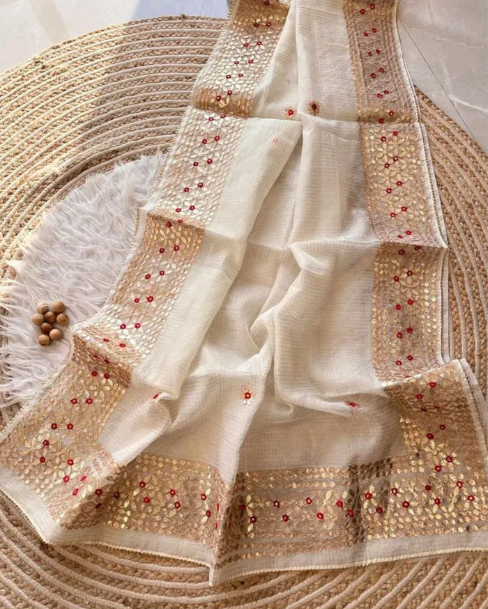 Indiehaat | Kota Cotton Jugnu Checks Gota Patti White Saree