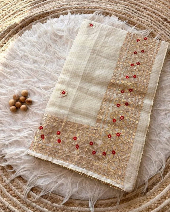 Indiehaat | Kota Cotton Jugnu Checks Gota Patti White Saree