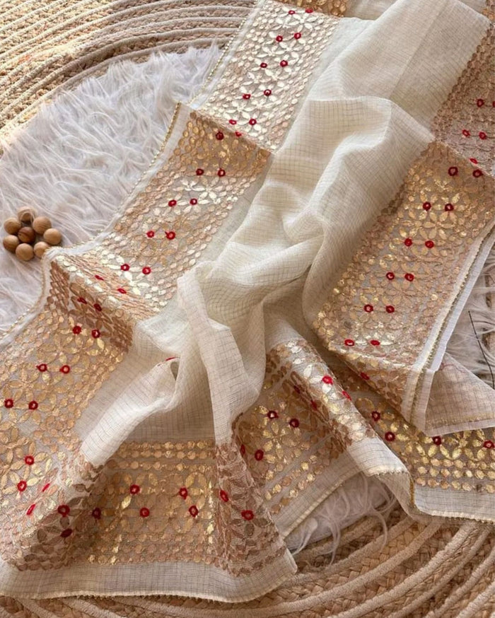Indiehaat | Kota Cotton Jugnu Checks Gota Patti White Saree