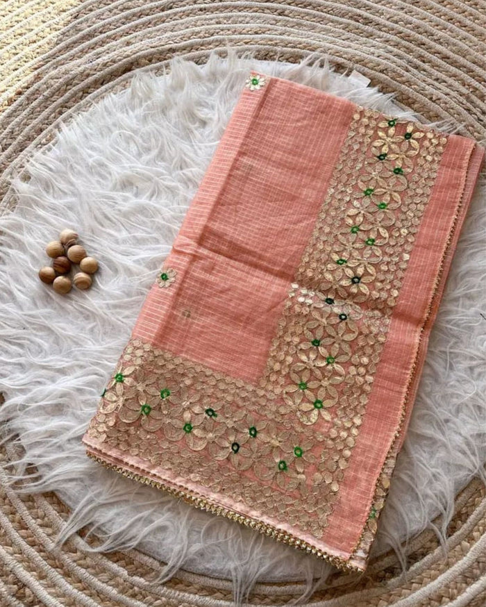 Indiehaat | Kota Cotton Jugnu Checks Gota Patti Peach Saree
