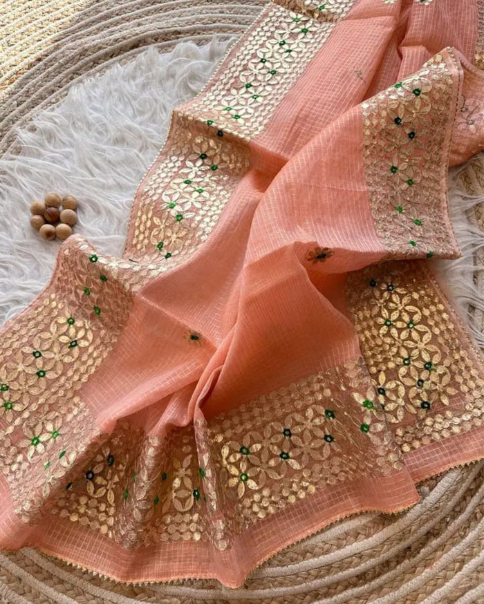 Indiehaat | Kota Cotton Jugnu Checks Gota Patti Peach Saree