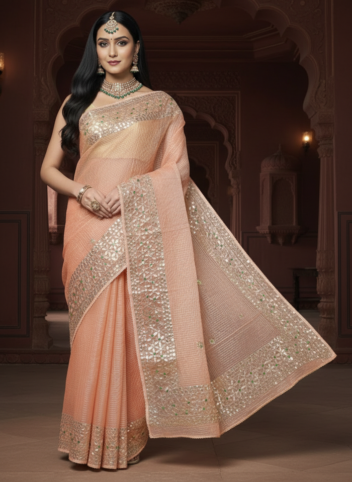Pankhudi Jugnu Checks Kota Cotton Gota Patti Peach Saree