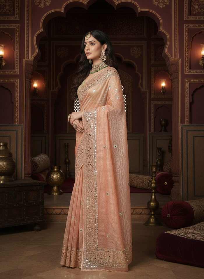 Pankhudi Jugnu Checks Kota Cotton Gota Patti Peach Saree
