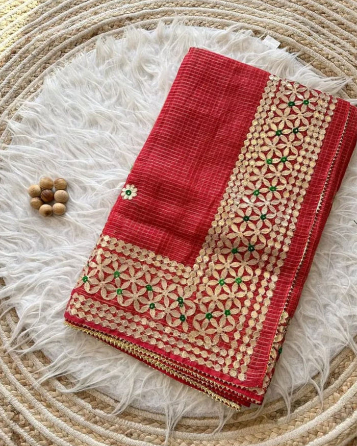 Indiehaat | Kota Cotton Jugnu Checks Gota Patti Red Saree