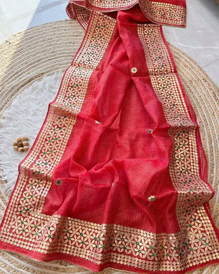 Indiehaat | Kota Cotton Jugnu Checks Gota Patti Red Saree