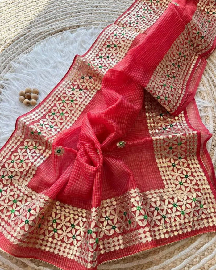 Indiehaat | Kota Cotton Jugnu Checks Gota Patti Red Saree