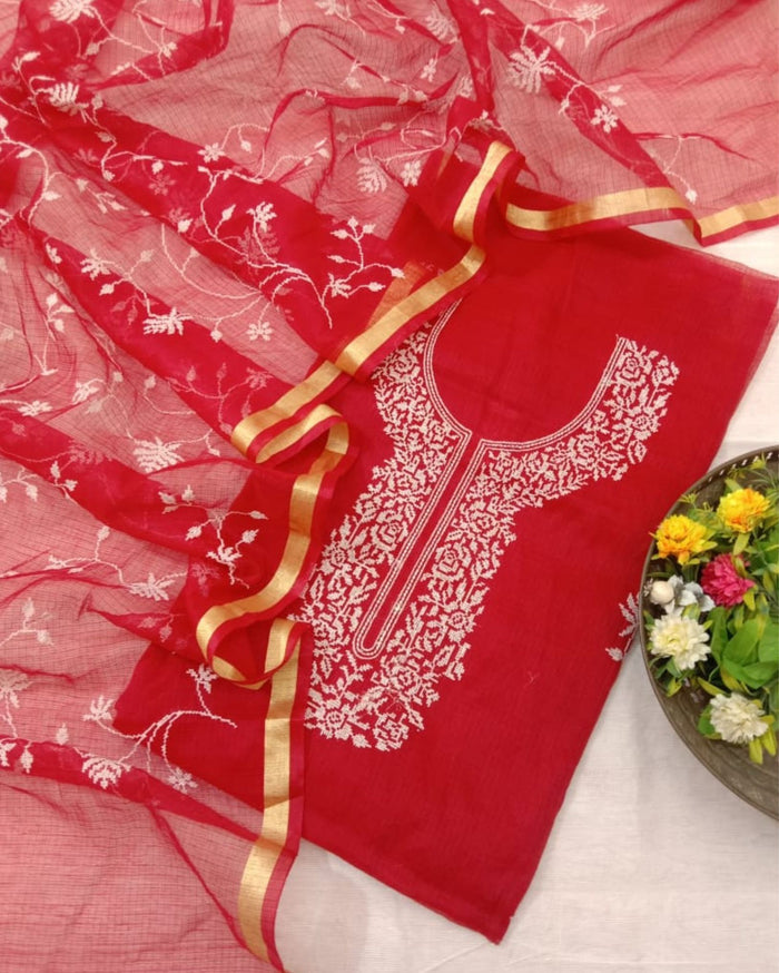 Indiehaat | Kota Cotton Red Embroidered 2 Piece Suit