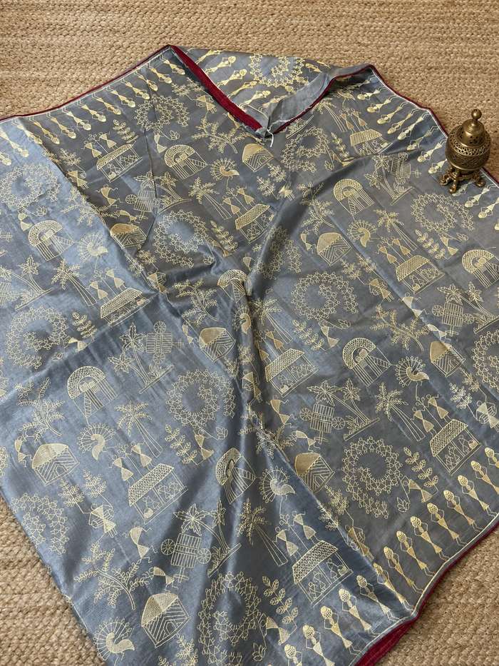 Indiehaat | Silkmark Certified Tussar Silk Embroidered Saree Gray