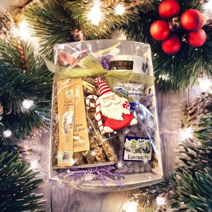 box regalo Natale 2025 con miele alla lavanda biscotti al farro caramelle artigianali idea regalo originale natalizia prodotti artigianali confezione regalo