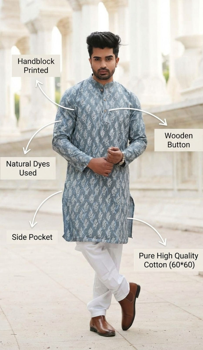 Indiehaat | Pure Cotton Block Print Kurta Pyjama Blue