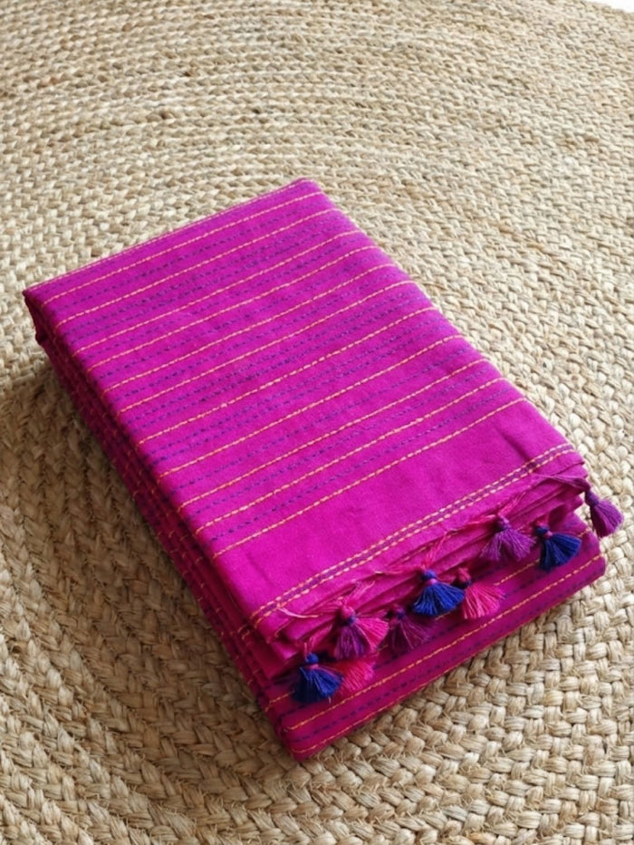 Indiehaat | Pure Cotton Embroidery Saree Pink