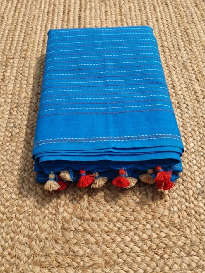 Indiehaat | Pure Cotton Embroidery Saree Blue