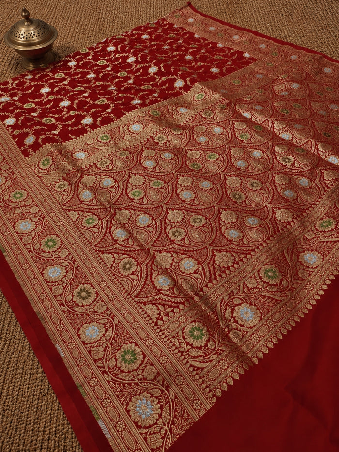 Indiehaat | Red Mashru Alfi Silk Mina Jaal Saree