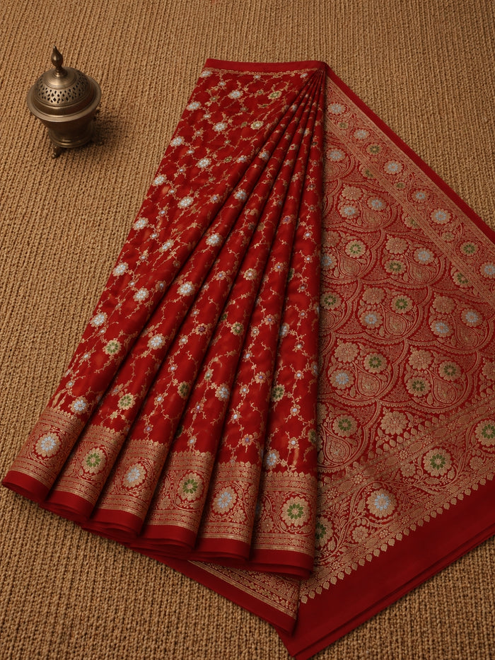 Indiehaat | Red Mashru Alfi Silk Mina Jaal Saree