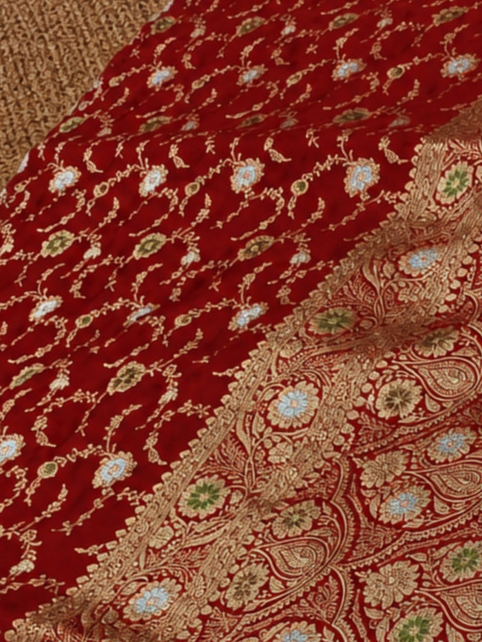Indiehaat | Red Mashru Alfi Silk Mina Jaal Saree