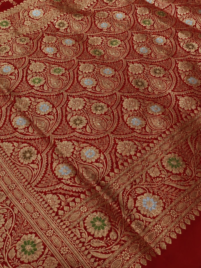 Indiehaat | Red Mashru Alfi Silk Mina Jaal Saree