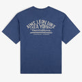 Taverna Tee: Blue short-sleeve t-shirt with white Greek and English text, plus decorative back design.