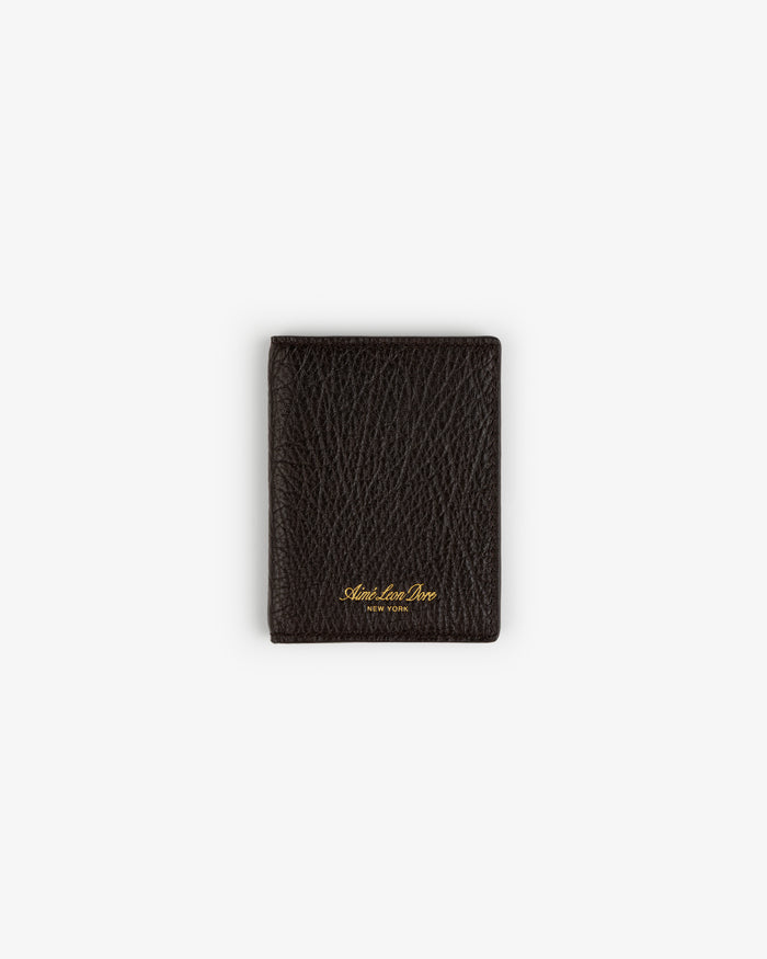 Tumbled Leather Bi-Fold Wallet in dark brown leather with gold text, centered on a plain white background.