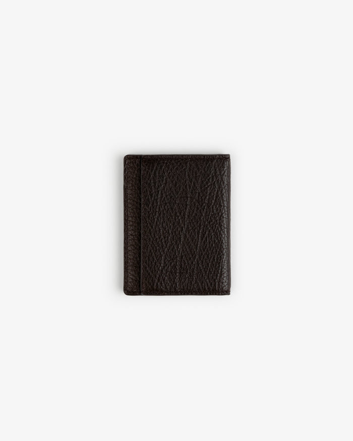 Tumbled Leather Bi-Fold Wallet in dark brown, closed, shown against a plain white background.