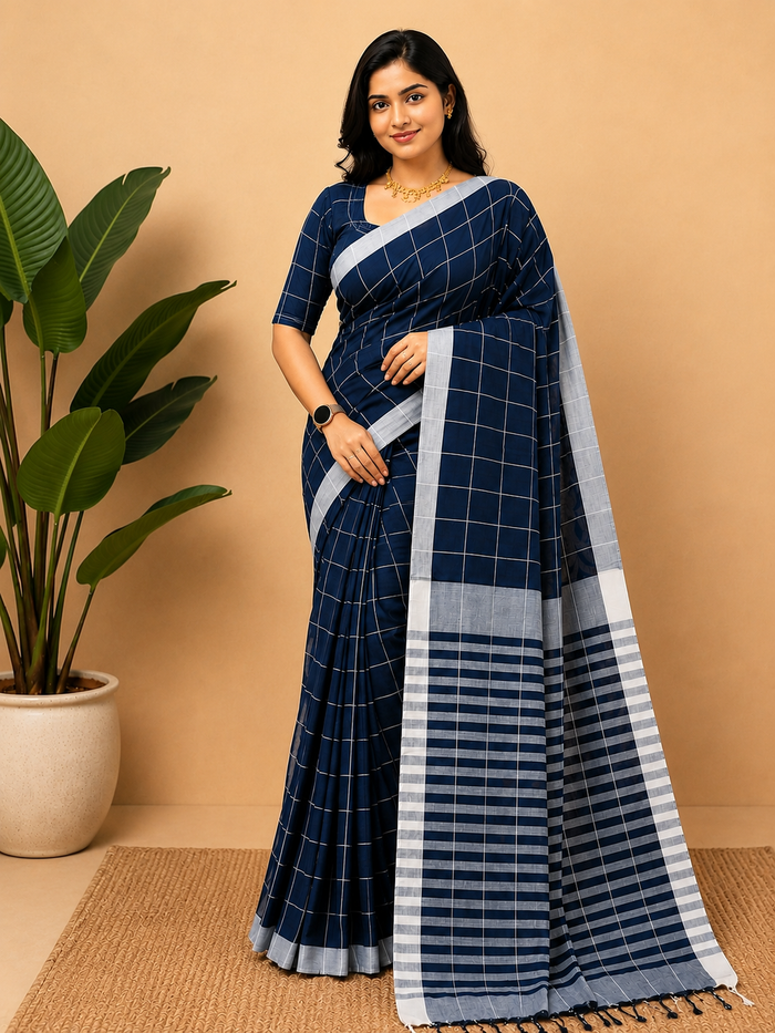 Indiehaat | Blue Khadi Cotton Handloom Saree