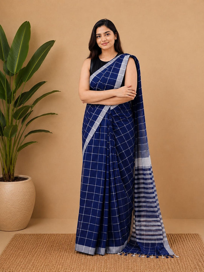 Indiehaat | Blue Khadi Cotton Handloom Saree