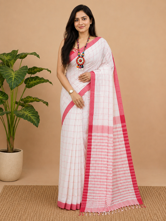 Indiehaat | White Khadi Cotton Handloom Saree