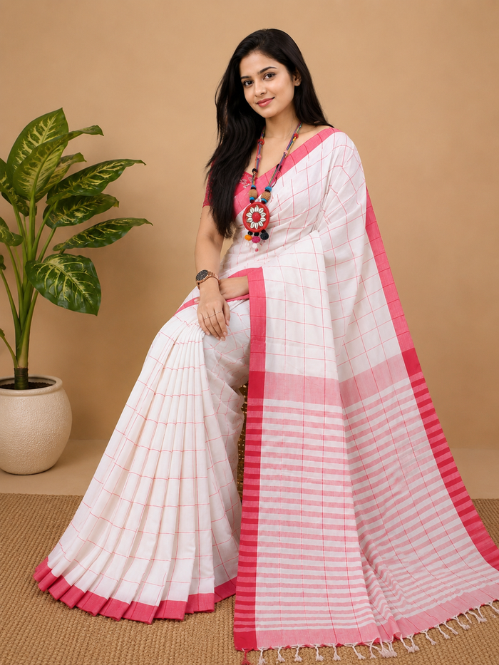 Indiehaat | White Khadi Cotton Handloom Saree