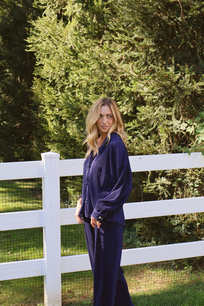 Waverles Pleated Pant Set in Navy