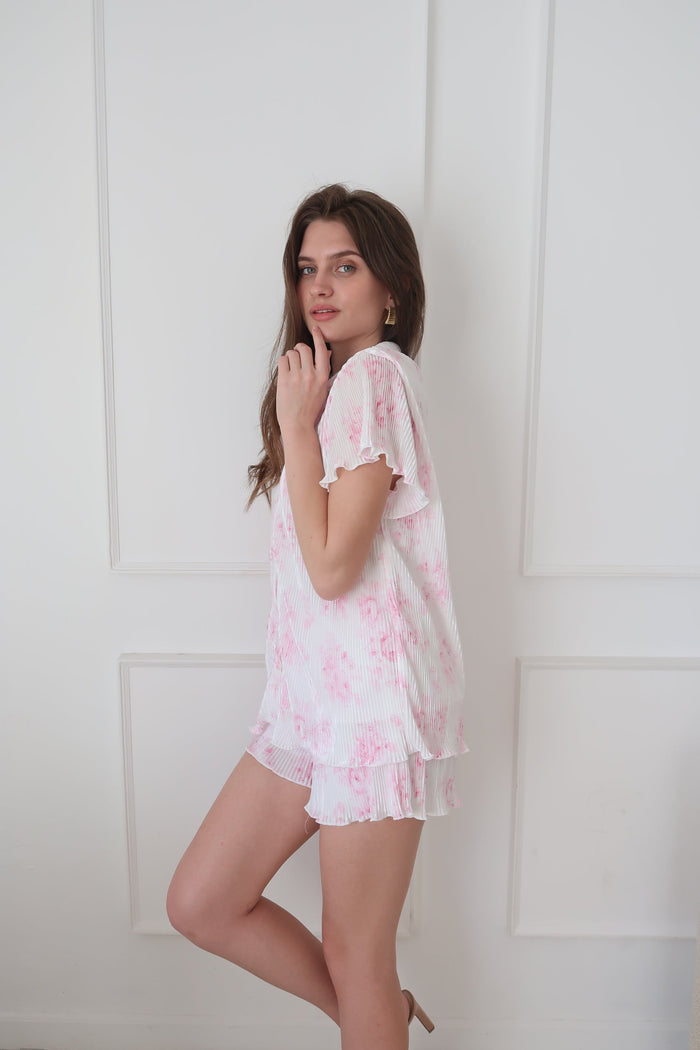 Waverles Pleated Short Set in Pink Floral