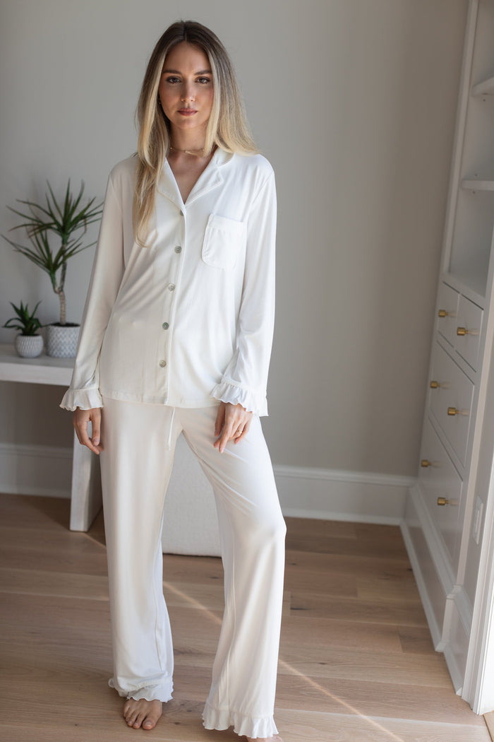 Waverles Ruffle Bamboo Pajama Bridal Pant Set in Dove