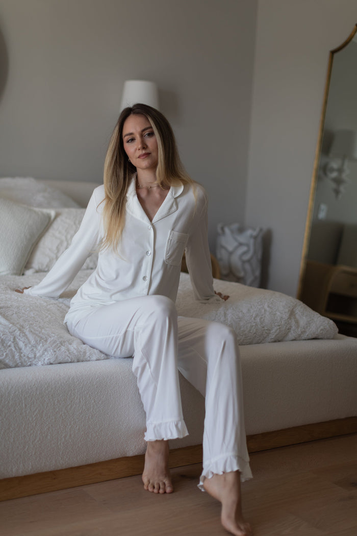 Waverles Ruffle Bamboo Pajama Bridal Pant Set in Dove