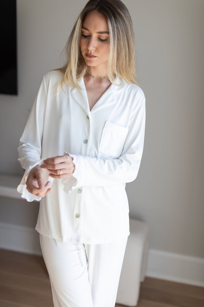 Waverles Ruffle Bamboo Pajama Bridal Pant Set in Dove