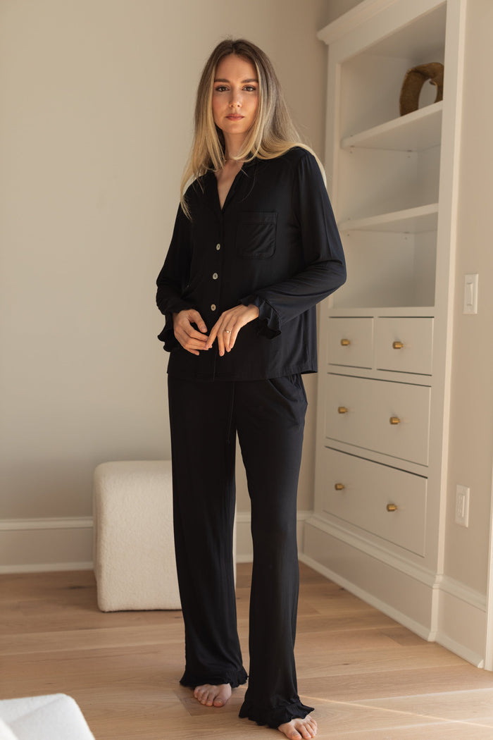 Waverles Ruffle Bamboo Pajama Bridal Pant Set in Noir