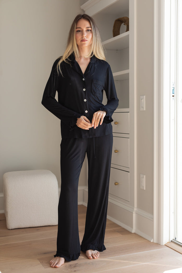 Waverles Ruffle Bamboo Pajama Bridal Pant Set in Noir