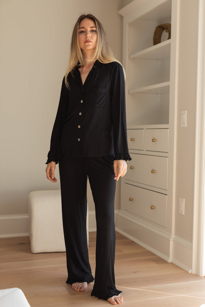 Waverles Ruffle Bamboo Pajama Bridal Pant Set in Noir